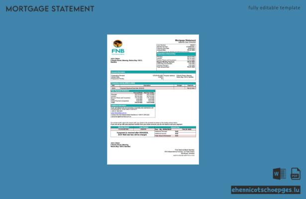 Namibia First National Bank Namibia Limited Hypothekenabrechnung – Beispiel-Word- und PDF-Datei (Vorschau)